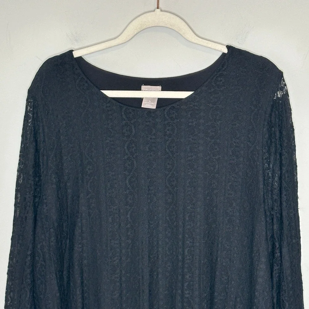 Chicos Black Lace Long Sleeve Top Women Size XXL Sheer Overlay - Picture 5 of 11